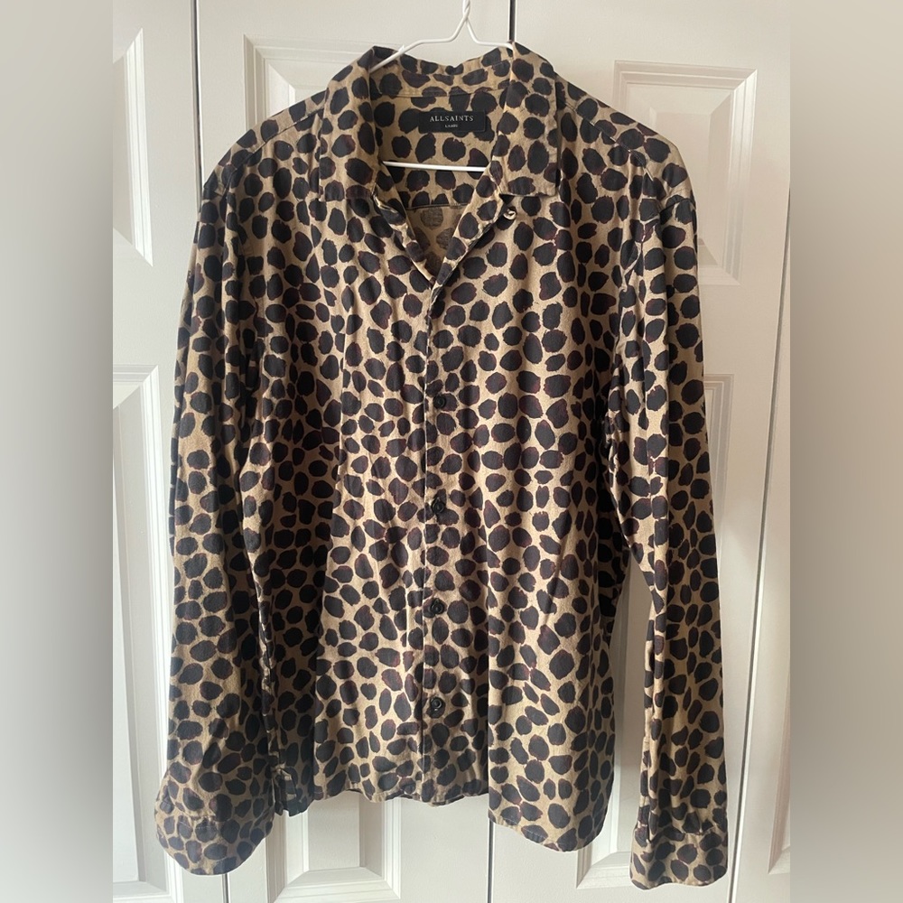 Allsaints Leopard Print Long Sleeve Button Down Shirt Large